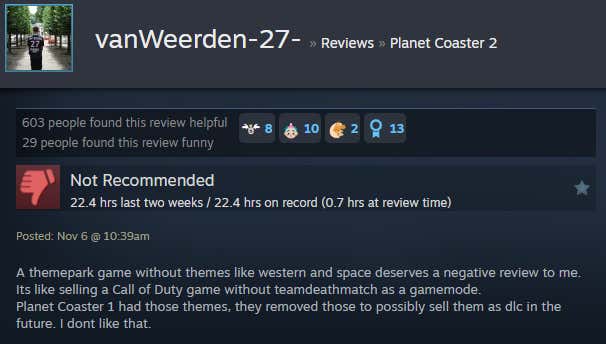 Screenshot showing Steam user reviews of Planet Coaster 2.